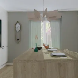 Nowoczesna kuchnia z wyspą i nakrytym stołem, widok na okno z zielonymi zasłonami i kwitnącym drzewem, minimalistyczny zegar na ścianie, geometryczna lampa nad stołem.