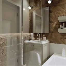 Nowoczesna łazienka z drewnianą ścianą dekoracyjną, umywalką z szafką w kolorze ecru, lustrem wbudowanym w szafkę i półkami na akcesoria.