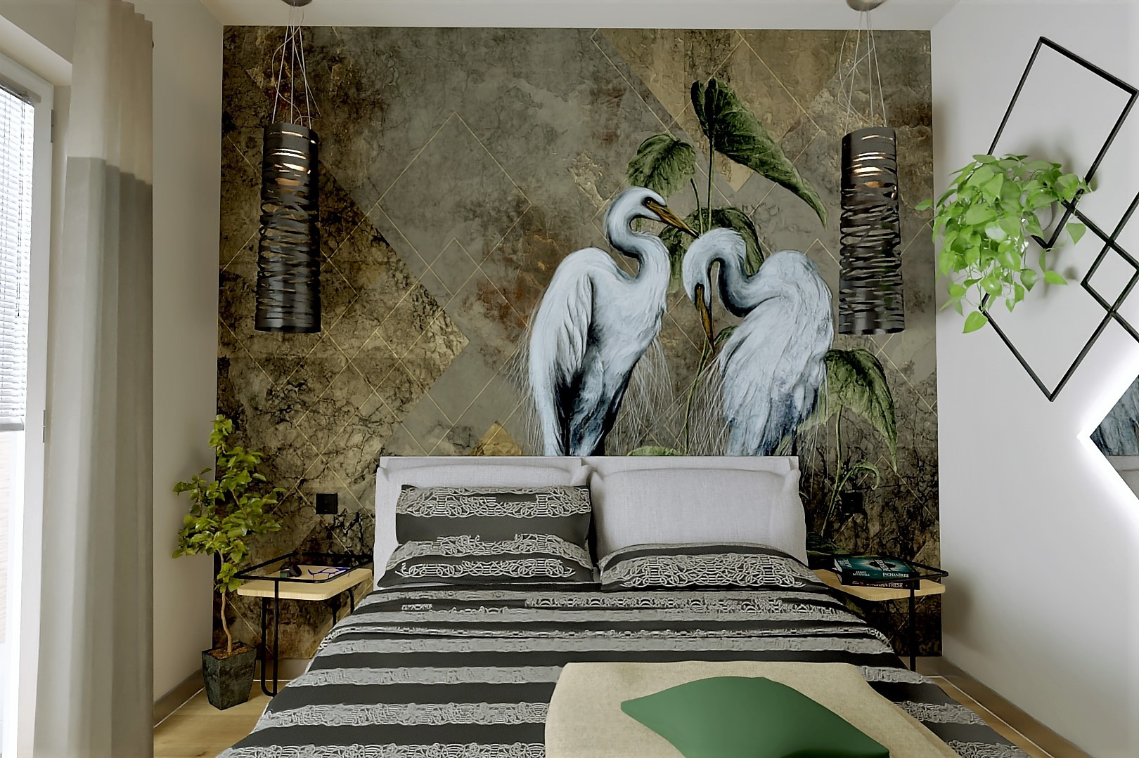 Sypialnia z łóżkiem w czarno-białe paski, tapeta z motywem czapli, nowoczesne lampy wiszące i stoliki nocne z roślinami.