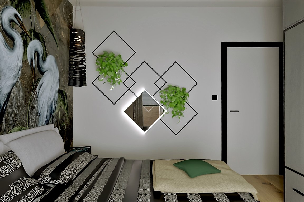 Sypialnia z tapetą w ptaki, lampą wiszącą, łóżkiem z dekoracyjną pościelą i ścianą z geometryczną dekoracją z roślinami oraz podświetlanym lustrem.