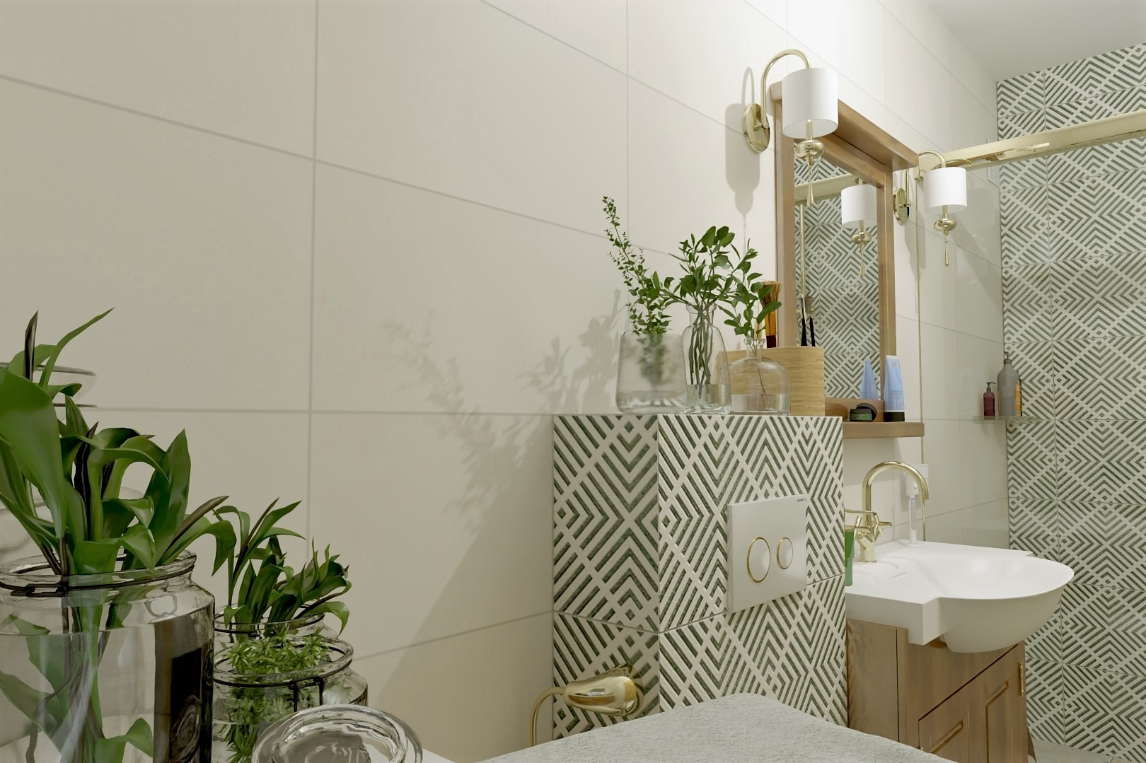 Nowoczesna łazienka z geometrycznym wzorem na ścianach, umywalką na szafce z drewnianymi akcentami, złotą armaturą i dekoracyjnymi roślinami w szklanych wazonach.