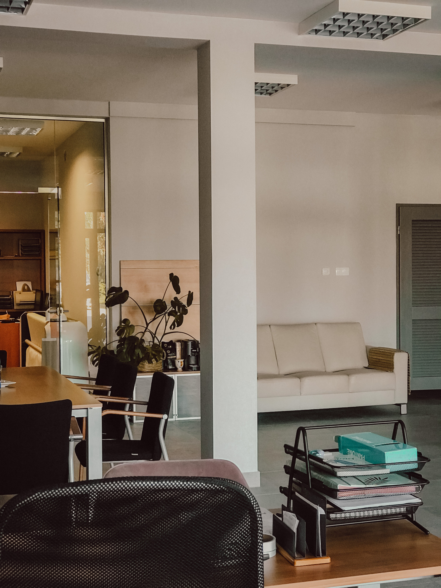 Jasne biuro z biurkami, krzesłami, sofą i roślinami doniczkowymi, oświetlone światłem dziennym i lampami sufitowymi, z widocznym stojakiem na dokumenty z próbkami Pantone.