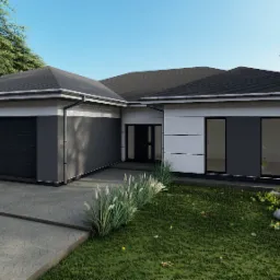 Wizualizacja nowoczesnego domu jednorodzinnego z garażem, elewacją w odcieniach szarości i bieli, otoczonego zielonym trawnikiem z roślinnością ozdobną i dużym kamieniem.