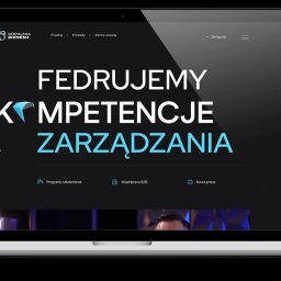 TRUST DEAL - Responsywna strona internetowa 'Kopalnia Biznesu' na laptopie i smartfonie. Ciemna kolorystyka, nowoczesny design, hasło 'Fedrujemy Kompetencje Zarządzania'.