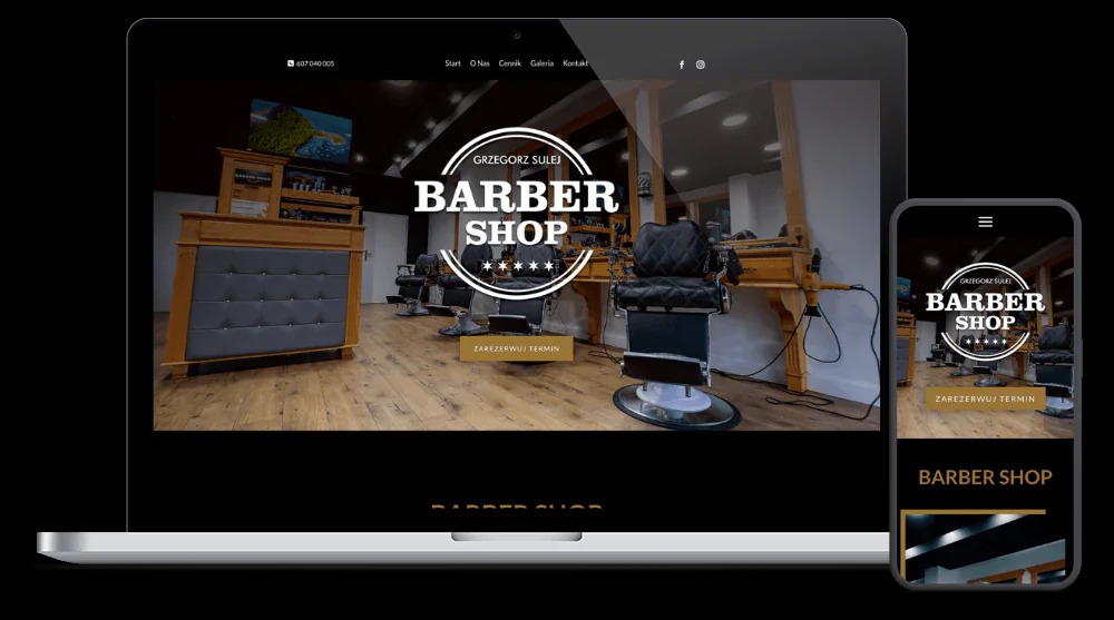 Responsywna strona internetowa barber shopu na laptopie i smartfonie. Wnętrze salonu, logo 'Grzegorz Sulej Barber Shop' i przycisk 'Zarezerwuj termin'.