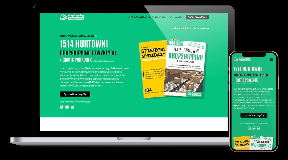 Responsywna strona www na laptopie i smartfonie prezentująca ofertę 1514 hurtowni dropshippingowych z gratisowym poradnikiem i strategią sprzedaży. Zielona kolorystyka.