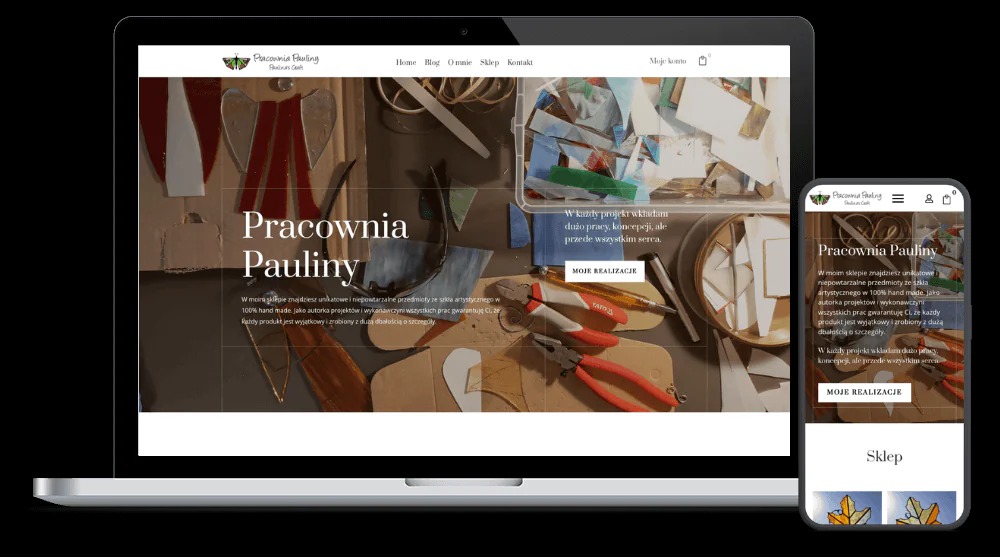 Responsywna strona www 'Pracownia Pauliny' na laptopie i smartfonie. Prezentacja unikalnych, ręcznie robionych przedmiotów ze szkła artystycznego. Widoczne narzędzia.
