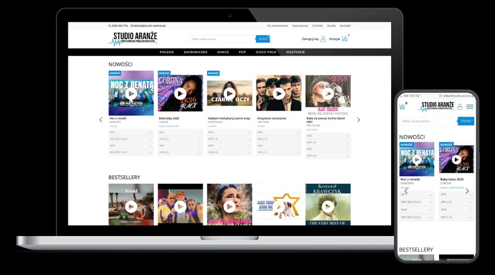 Responsywna strona internetowa studia muzycznego na laptopie i smartfonie. Widoczne sekcje 'Nowości' i 'Bestsellery' z okładkami albumów i opcjami odtwarzania.