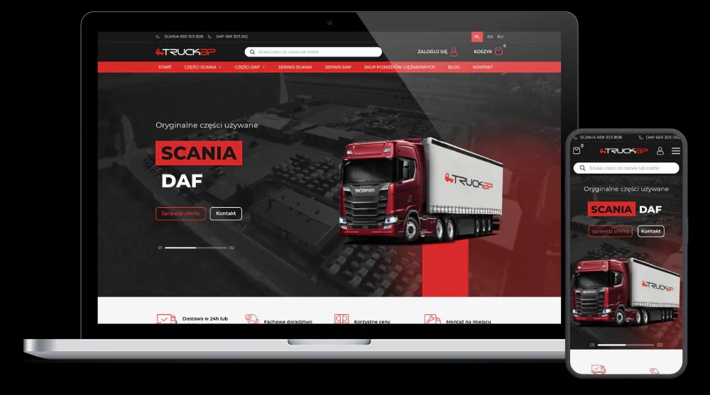 Responsywna strona internetowa na laptopie i smartfonie, prezentująca ofertę części do Scania i DAF. Projekt zrealizowany w Szczucinie, z dbałością o UX.