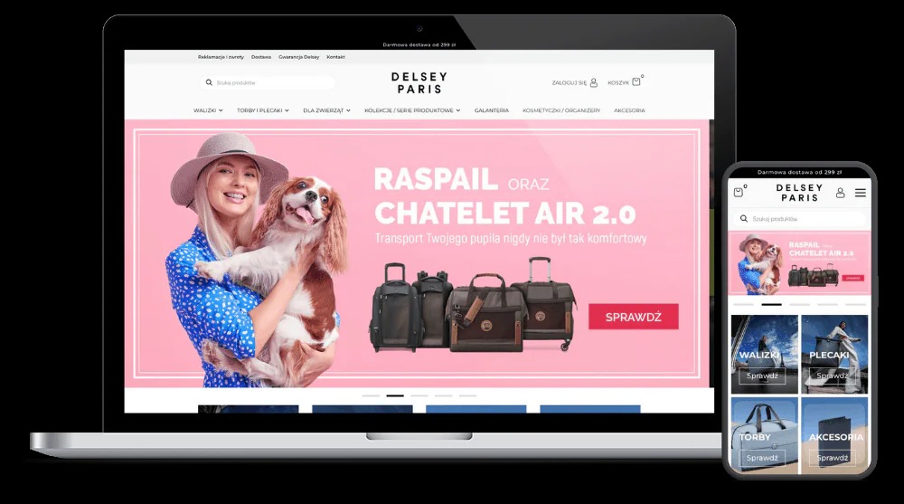 Responsywna strona internetowa Delsey Paris na laptopie i smartfonie. Kobieta z psem, walizki, torby. Darmowa dostawa. Estetyczny design, czytelna nawigacja.