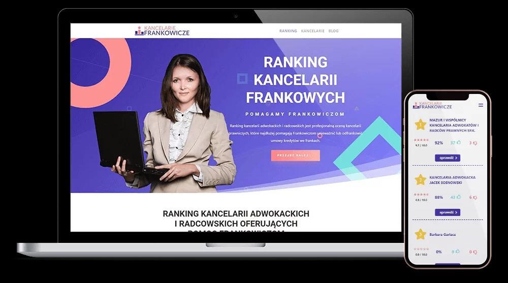 Responsywna strona internetowa na laptopie i smartfonie, prezentująca ranking kancelarii frankowych z uśmiechniętą prawniczką trzymającą laptopa.