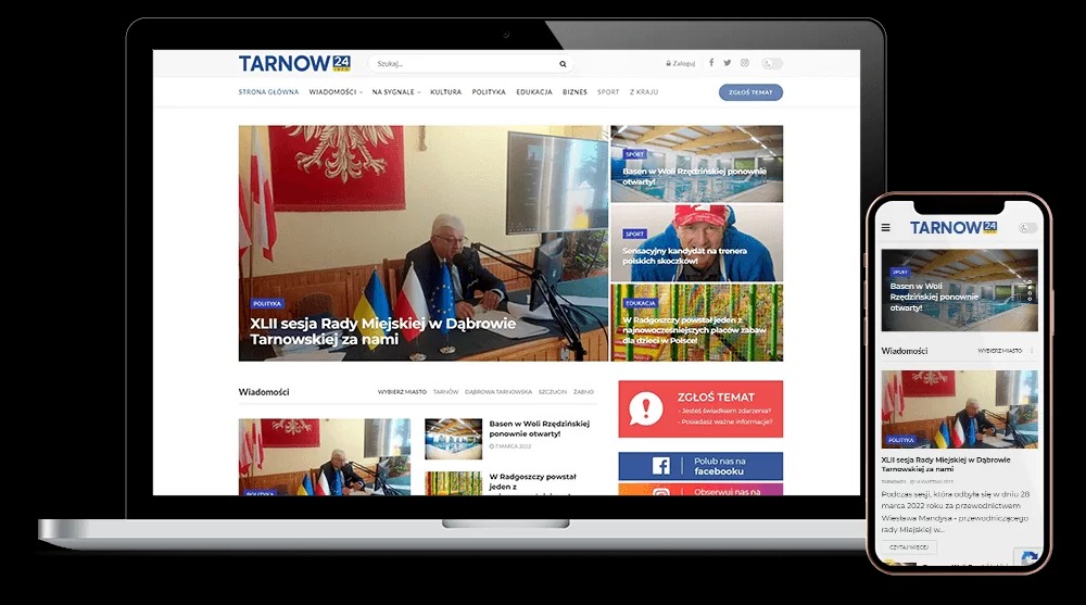 Responsywna strona internetowa Tarnow24 wyświetlana na ekranie laptopa i smartfona, prezentująca aktualności lokalne.