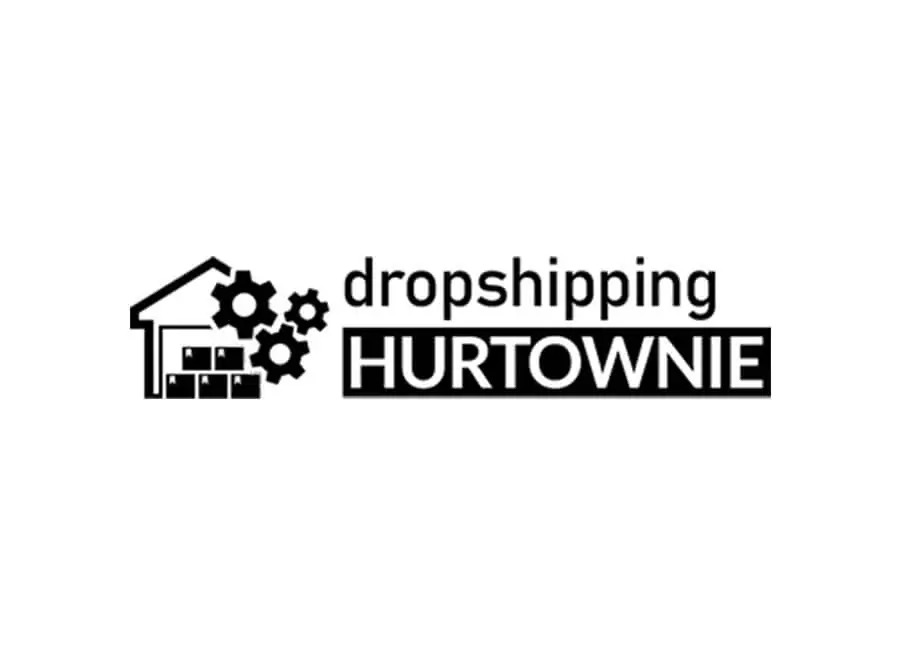 Czarno-białe logo przedstawiające schematyczną sylwetkę magazynu z zębatkami oraz napisy 'dropshipping' i 'HURTOWNIE' w prostokątnej ramce.