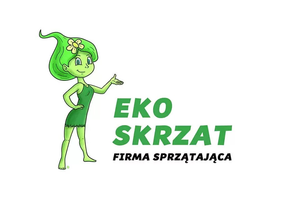 Ilustracja logo firmy sprzątającej EKO SKRZAT z zieloną postacią elfa z kwiatem we włosach.