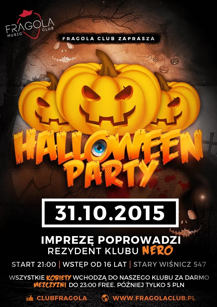 Plakat Halloween Party w klubie Fragola w Szczucinie, z trzema dyniami z wyciętymi twarzami i napisem Halloween Party z okiem w literze O.