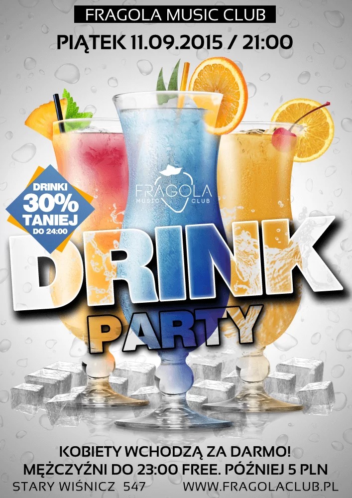 Plakat reklamowy klubu muzycznego Fragola z trzema kolorowymi drinkami, kostkami lodu i informacją o promocji 30% taniej.