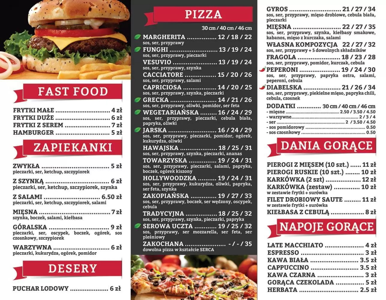 Menu restauracji z wyraźnie wyróżnionymi kategoriami dań, w tym pizza, fast food, zapiekanki, dania gorące i napoje gorące, z cenami i opisami składników.