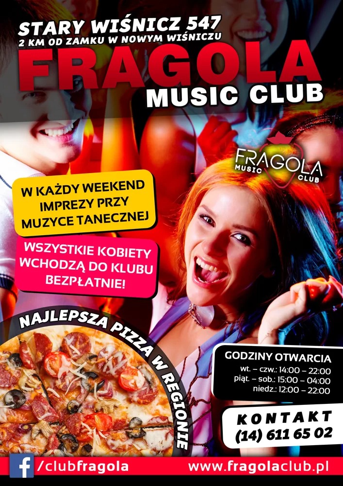 Plakat reklamowy klubu muzycznego Fragola z pizzą, uśmiechniętą kobietą i informacjami o godzinach otwarcia oraz adresie. Czerwono-czarna kolorystyka, dynamiczna kompozycja.