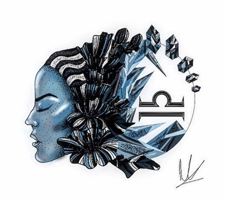 Ilustracja przedstawiająca profil kobiety o niebieskiej skórze, z zamkniętymi oczami i kwiatami we włosach, połączony z symbolem wagi i geometrycznymi kryształami na białym tle, podpisana w prawym...