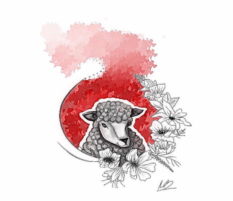 Czarno-biały rysunek owcy z kwiatami na czerwonym tle, stylizowane na akwarelę.