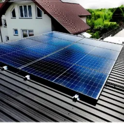 Panele fotowoltaiczne zamontowane na metalowym dachu domu jednorodzinnego z białymi ścianami i brązowym dachem, widoczne z niskiej perspektywy.