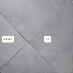 MASTER CLEAN - Szare płytki podłogowe ułożone ukośnie, z widoczną różnicą w czystości fug: lewa strona oznaczona jako 'Przed', prawa strona jako 'Po'.