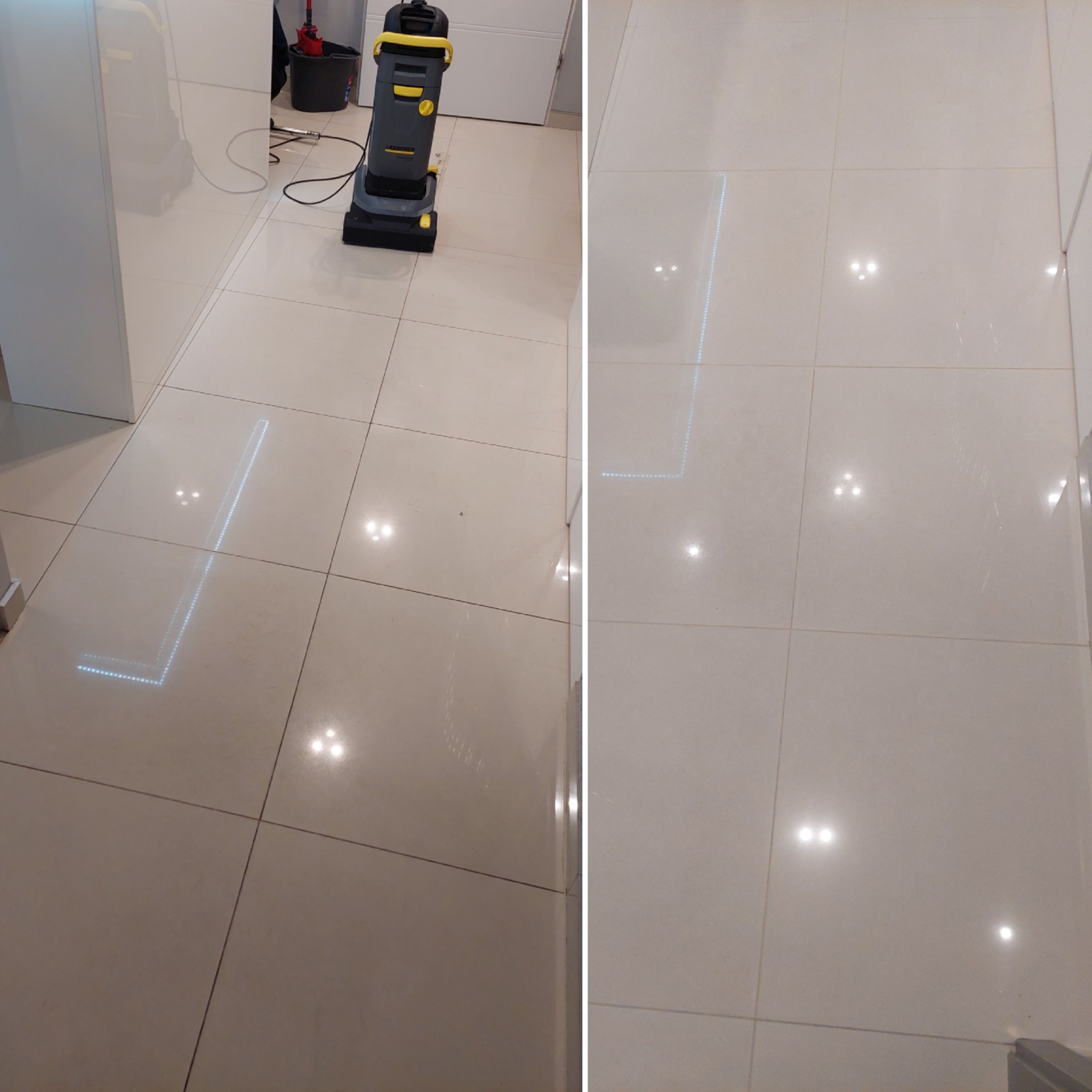 Porównanie czystości podłogi z płytek przed i po użyciu profesjonalnego urządzenia do czyszczenia, widoczne odblaski na lśniącej powierzchni.