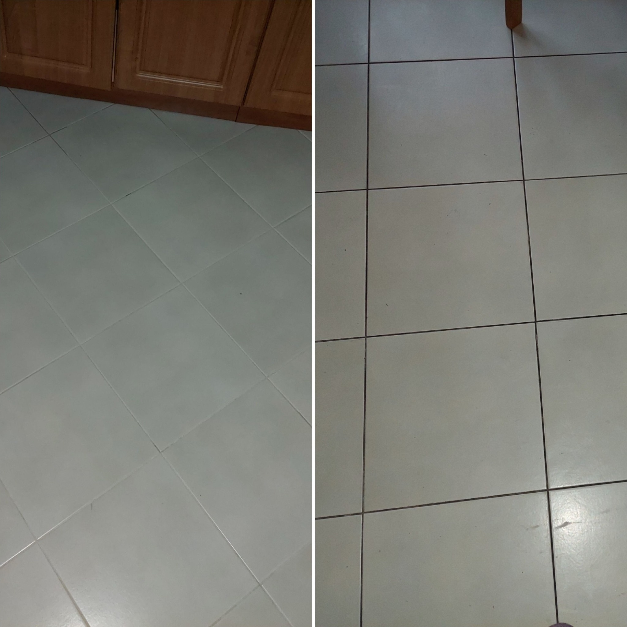 Porównanie czystości podłogi z płytek przed i po czyszczeniu fug, widoczne brudne i czyste fugi, fragment szafki w tle.
