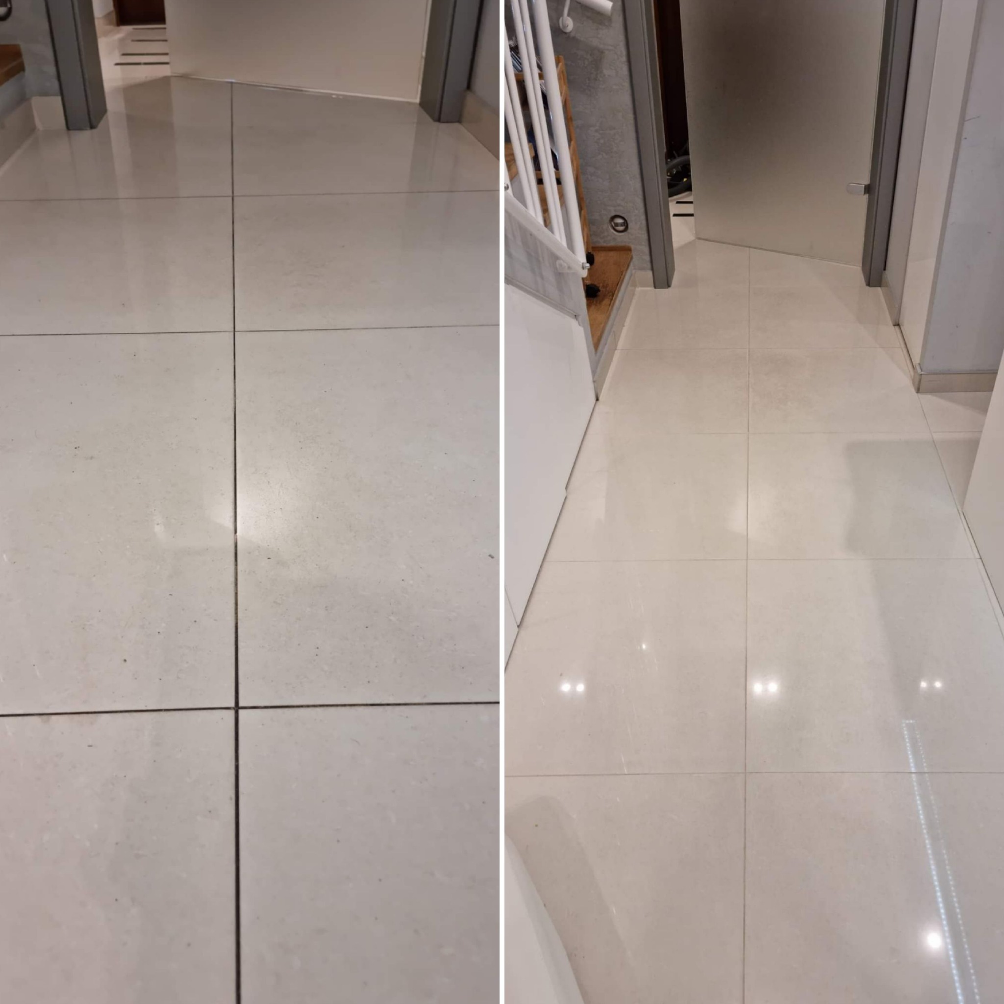 Porównanie stanu podłogi z płytek przed i po czyszczeniu, widoczne różnice w zabrudzeniach i połysku, kafelki w odcieniach beżu.