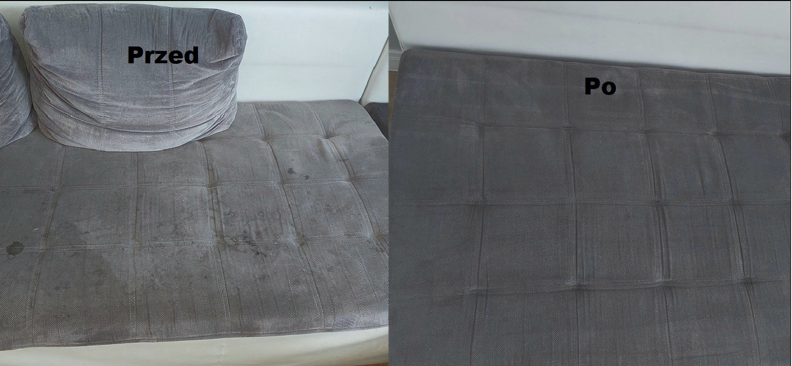 Tapicerka sofy w odcieniach szarości, podzielona na dwie części: po lewej stronie widoczne plamy i zabrudzenia z napisem 'Przed', po prawej czysta powierzchnia z napisem 'Po'.