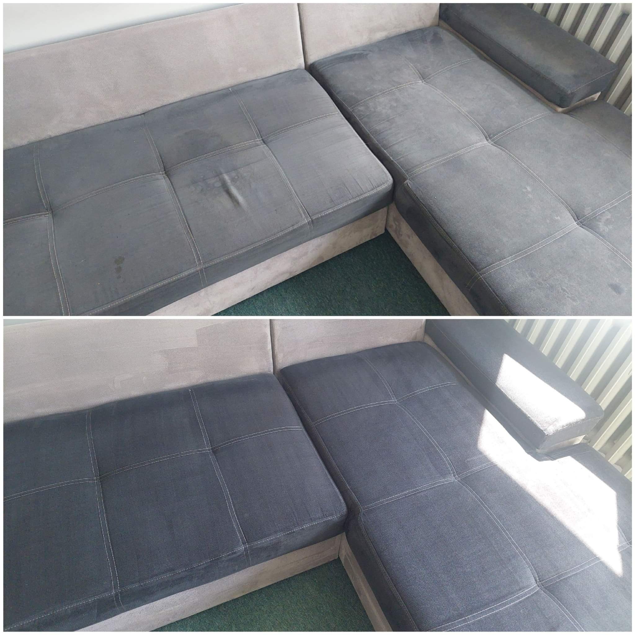 Dwuczęściowe zdjęcie narożnika tapicerowanego szarą tkaniną, prezentujące różnicę przed (górna część) i po (dolna część) czyszczeniu, z widocznym usunięciem plamy na jednym z siedzisk.