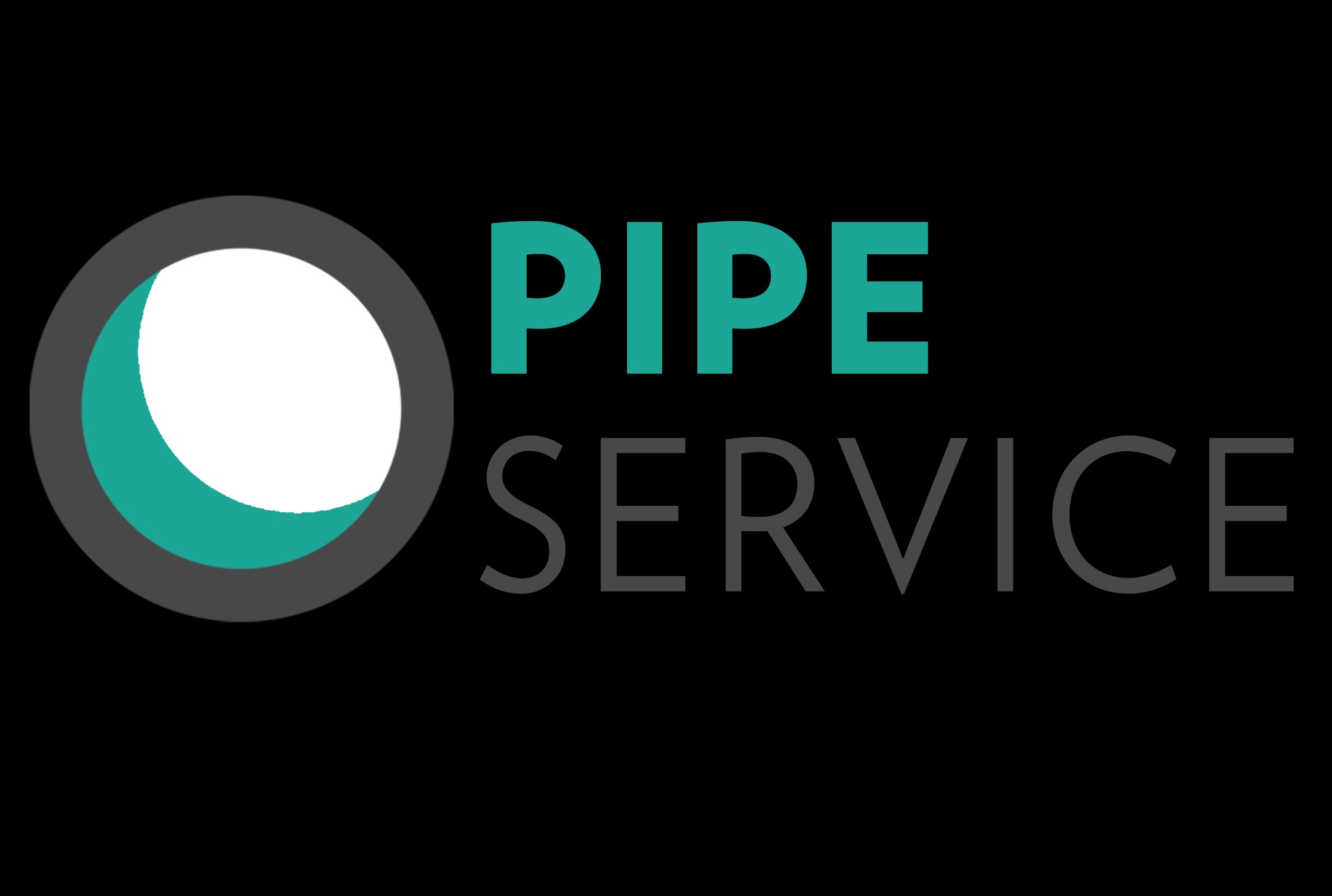 Logo firmy hydraulicznej: schemat rury w kolorze szarym i turkusowym, obok tekst 'PIPE SERVICE' w kolorach turkusowym i szarym na czarnym tle.