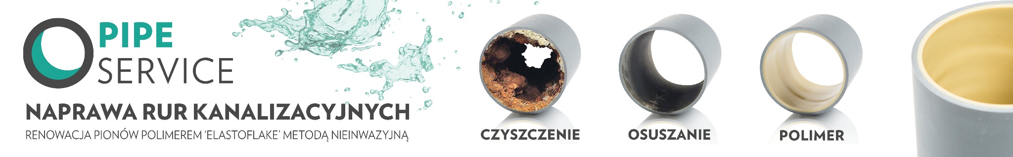 Porównanie stanu rury kanalizacyjnej przed i po renowacji polimerem: zarośnięta, oczyszczona, osuszona i zabezpieczona powłoką polimerową.