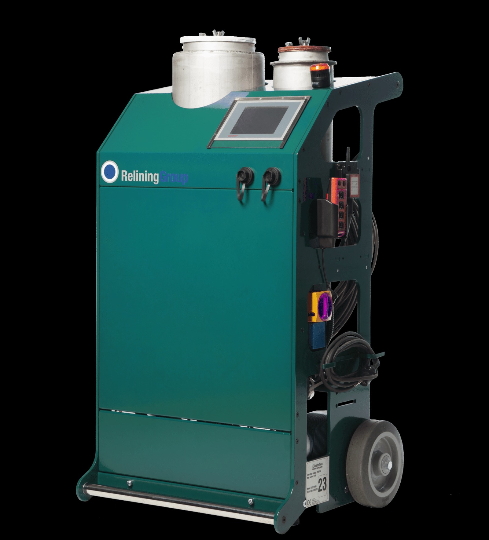 Mobilna, zielona maszyna z ekranem dotykowym, zbiornikami i logo Relining Group, przeznaczona do zastosowań przemysłowych.