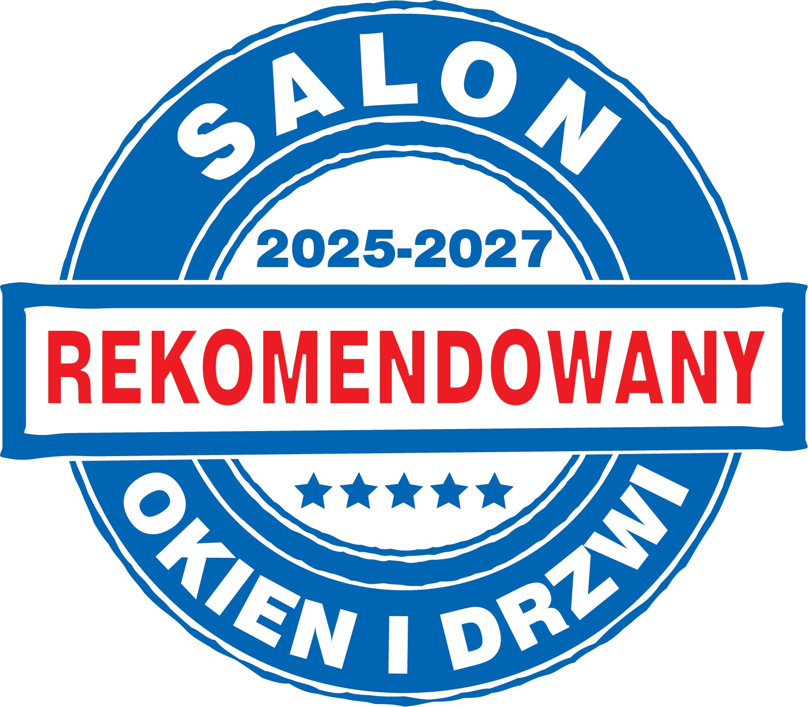 Niebiesko-biały okrągły znak 'Salon Okien i Drzwi' rekomendowany 2025-2027, z pięcioma gwiazdkami.