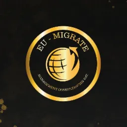 Złote logo firmy EU-Migrate Management Consultancies Est. na czarnym tle z delikatnymi złotymi plamkami. Logo przedstawia globus z zakrzywioną strzałką w okręgu.
