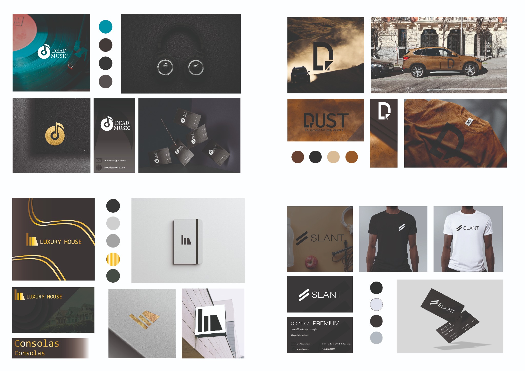 Kolaż prezentujący różne projekty logo i identyfikacji wizualnej dla firm z różnych branż, w tym muzycznej, odzieżowej i budowlanej, przedstawione na wizytówkach, odzieży, samochodzie i innych...