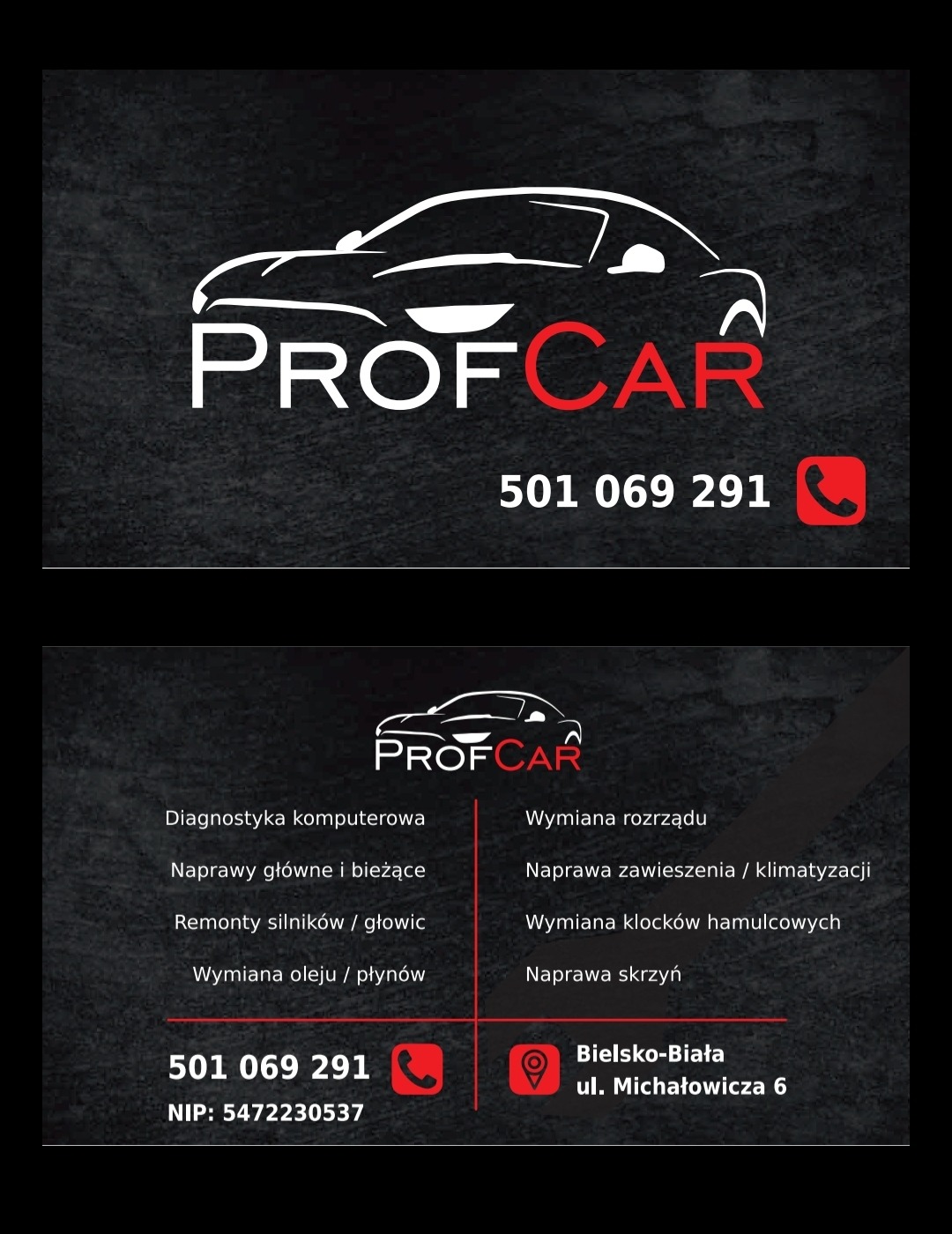 Wizytówka firmy ProfCar z białym logo samochodu i czerwonym akcentem w nazwie, oferującej diagnostykę komputerową, naprawy, remonty silników, wymianę oleju, rozrządu, zawieszenia, klocków...