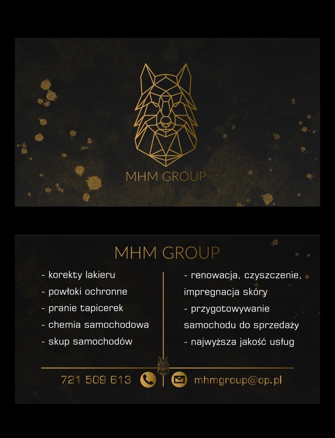 Dwuczęściowa wizytówka firmy MHM Group z geometrycznym logo wilka w złotym kolorze na czarnym tle, prezentująca zakres usług: korekty lakieru, powłoki ochronne, pranie tapicerek, chemia samochodowa...
