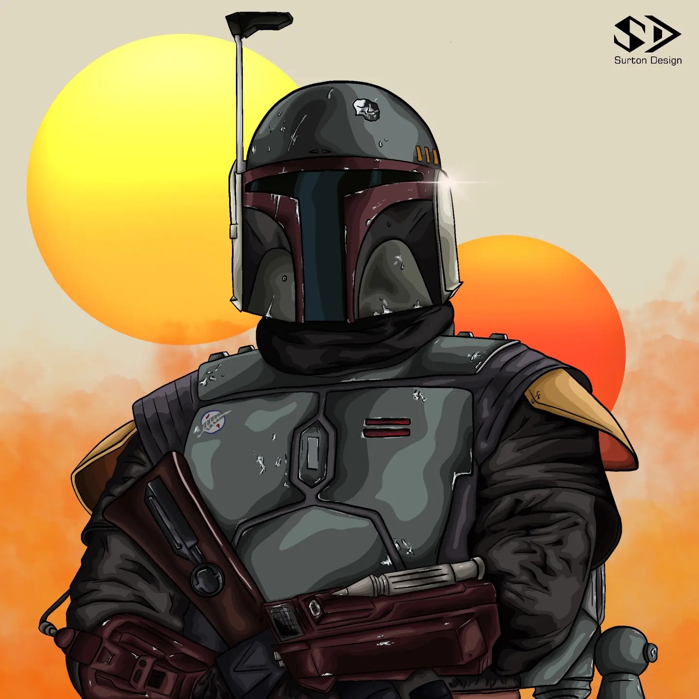 Ilustracja Boby Fetta na tle dwóch słońc, z logiem 'Surton Design' w prawym górnym rogu.
