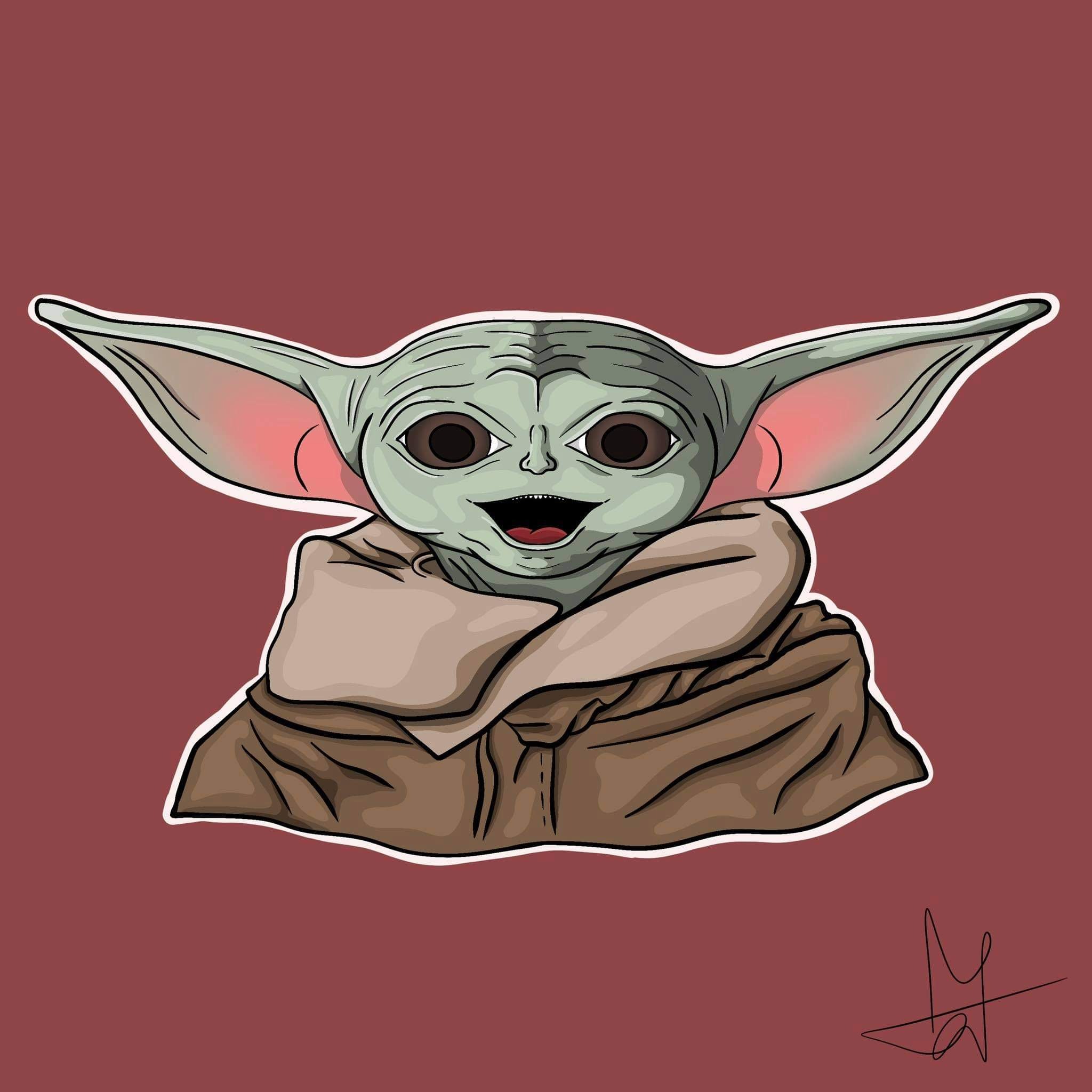 Ilustracja cyfrowa przedstawiająca postać z dużymi uszami, ubrana w brązową szatę, na jednolitym, bordowym tle z subtelnym autografem w prawym dolnym rogu.