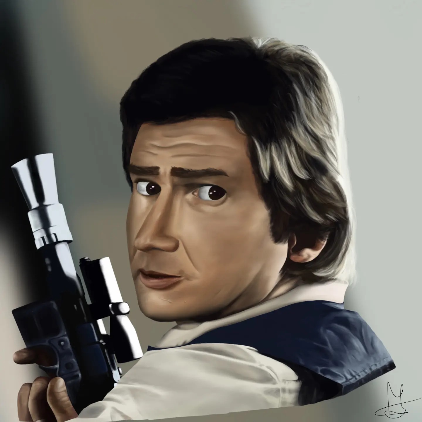 Cyfrowy portret Hana Solo z Gwiezdnych Wojen, trzymającego blaster, w stylu malarskim z widocznymi pociągnięciami pędzla i subtelnym cieniowaniem.