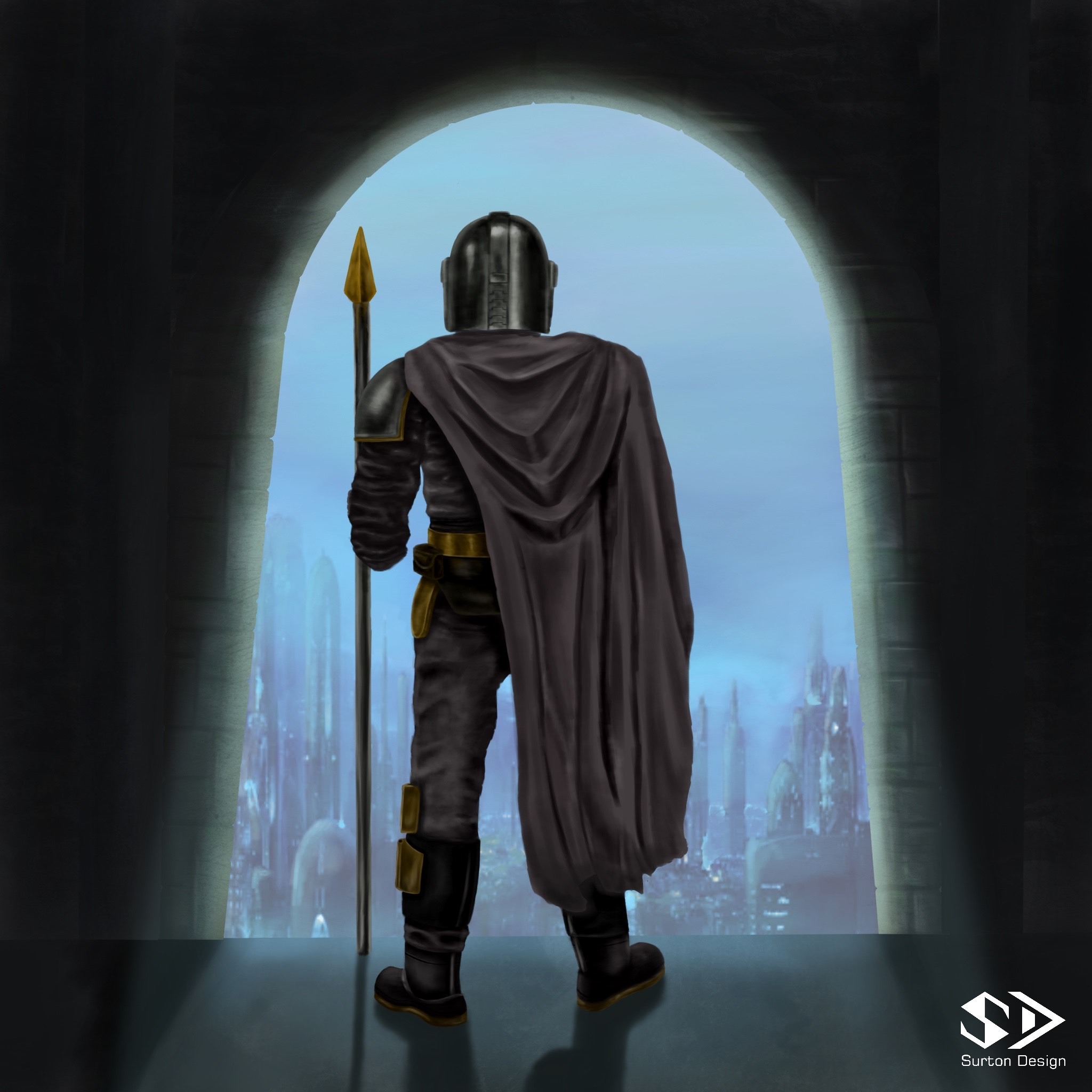 Ilustracja cyfrowa postaci w zbroi i pelerynie, stojącej w kamiennym łuku z widokiem na futurystyczne miasto w tle, z widocznym logo 'Surton Design' w prawym dolnym rogu.
