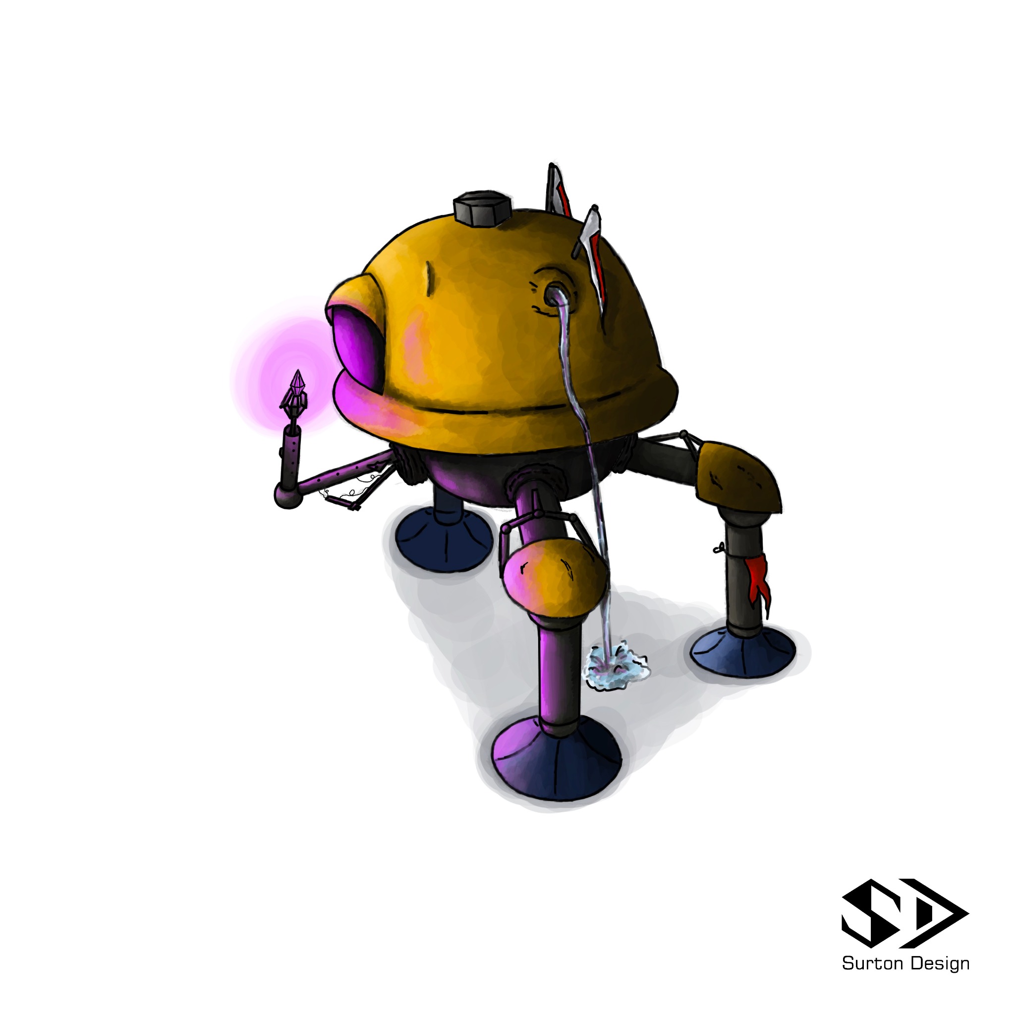 Ilustracja cyfrowa przedstawiająca futurystycznego, żółto-fioletowego robota na trzech nogach, trzymającego świecący, purpurowy kryształ, z łzą cieknącą z jego oka.