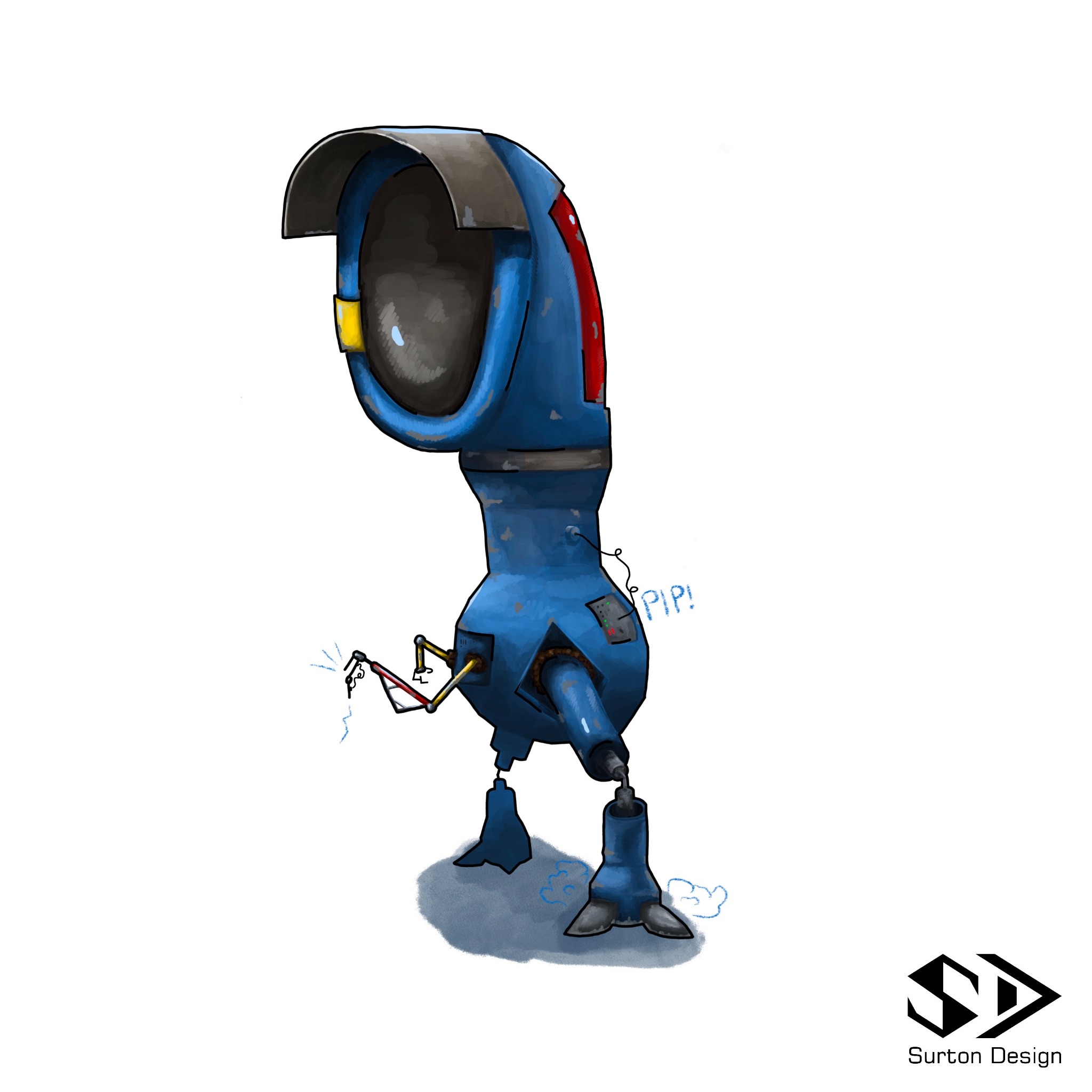 Ilustracja robota w stylu cartoon z niebieską obudową, dużym czarnym ekranem, iskrami z uszkodzonego przewodu i napisem 'PIP!'