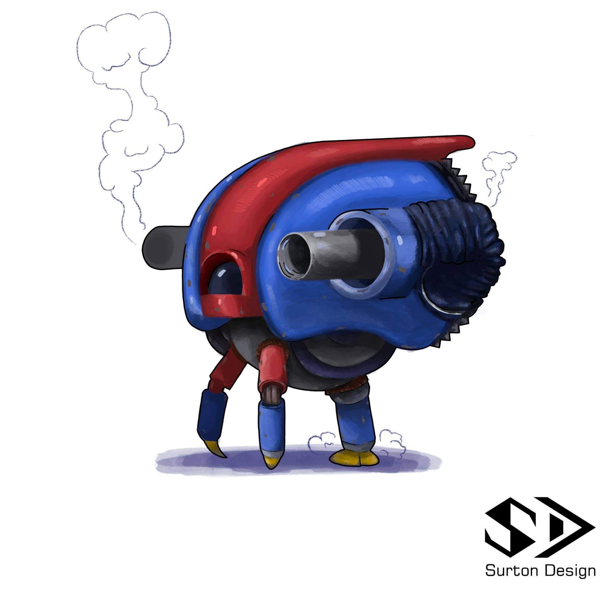 Ilustracja przedstawia futurystycznego robota w kolorach czerwonym i niebieskim, z elementami przypominającymi rury i kominy, wydobywający się dym, oraz logo 'Surton Design' w prawym dolnym rogu.