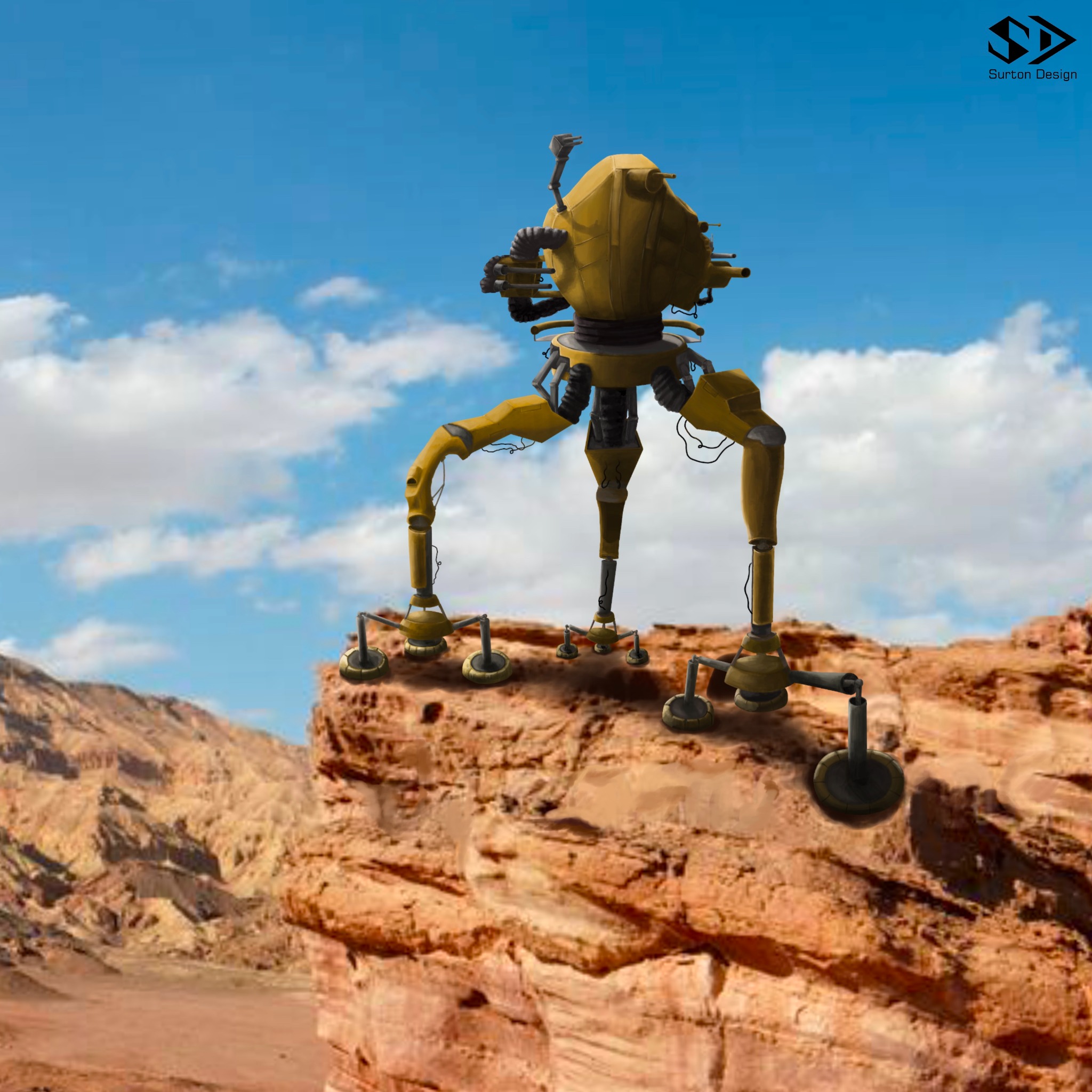 Żółty, trójnożny robot kroczący z manipulatorami na szczycie klifu w pustynnym krajobrazie pod błękitnym niebem z chmurami.
