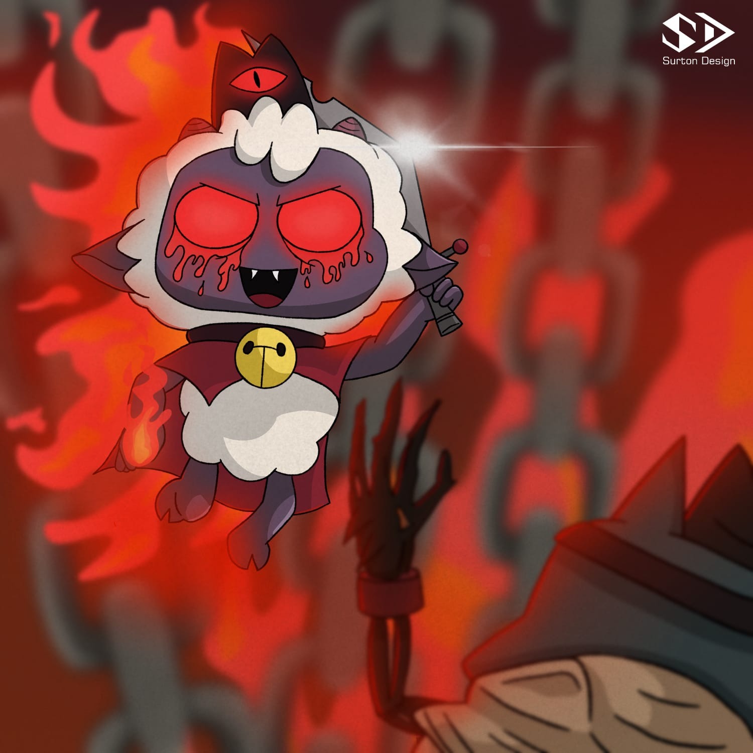 Ilustracja postaci jagnięcia w koronie z okiem, z krwią spływającą z oczu, trzymającego miecz z blaskiem, na tle ognia i łańcuchów, z logo 'Surton Design' w prawym górnym rogu.