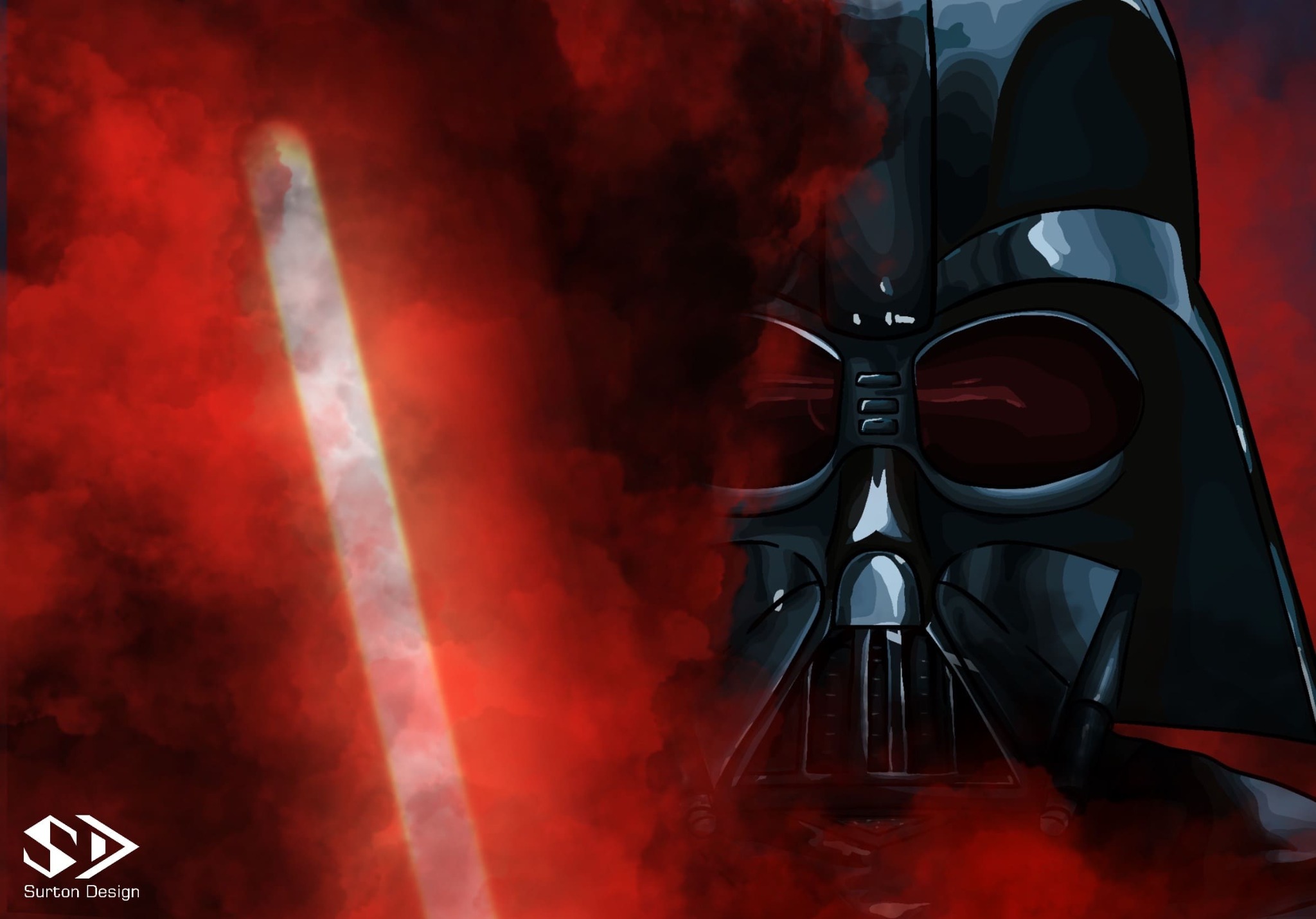 Ilustracja cyfrowa przedstawiająca ikoniczną maskę w czerni, spowitą czerwonym dymem i światłem, z subtelnym logo projektanta w rogu.