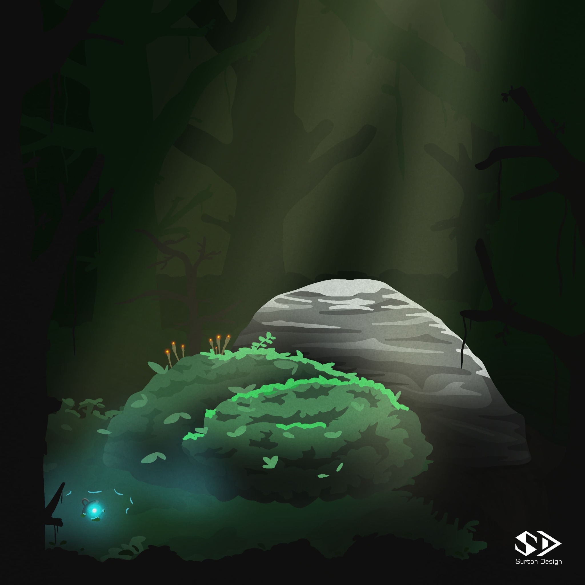Ilustracja cyfrowa przedstawiająca mroczny las z promieniem światła oświetlającym kamień i roślinność, z subtelnym, świecącym elementem w lewym dolnym rogu i logo projektanta w prawym dolnym rogu.